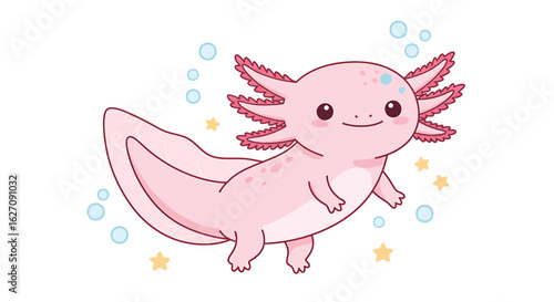 Adorable pink axolotl swimming, surrounded by bubbles and stars.