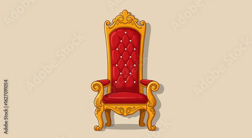 Ornate golden throne with red velvet upholstery, isolated on beige background.