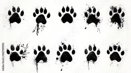 Grunge paw prints arrayed across a white canvas, creating a playful yet distressed texture