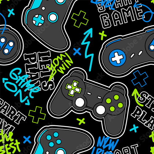 Seamless abstract pattern with joysticks game and words. Bright colorful vector Print for boys on black background