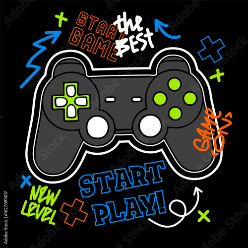 Illustration print for t-shirt with game joystick. Vector illustration for boys. Gamer design.