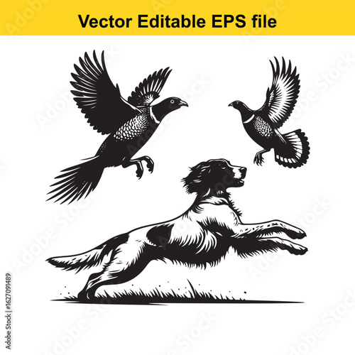 Vector art of hunting dog and birds in flight, isolated on white background long horn, , long horn