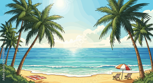 Tropical Paradise Beach Scene with Palm Trees and Turquoise Waters in Sunny Weather