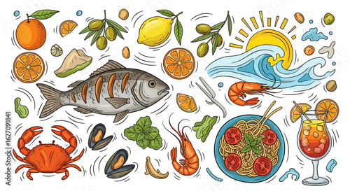 Vivid Mediterranean Food Illustration with Fresh Seafood, Citrus Fruits, and Summer Vibes Artwork