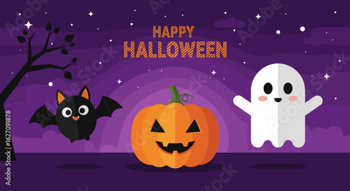 Festive Halloween Scene: Cute Bat, Pumpkin, and Ghost Against a Starry Purple Background.