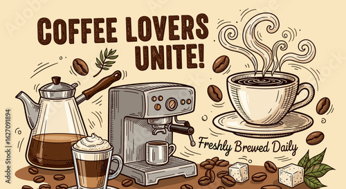 Inviting Coffee Lover's Illustration with Steaming Cup, Espresso Machine and Freshly Brewed Daily Message.