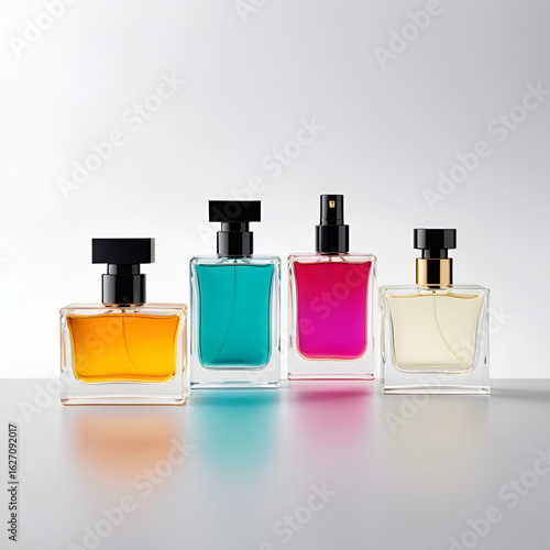 Plain high-end perfume bottles filled with various colored liquids, unbranded and isolated on clean white backgrounds with soft realistic lighting for minimalist product mockups.
