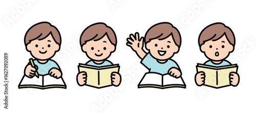 学習をする色々な表情の男の子のイラスト素材