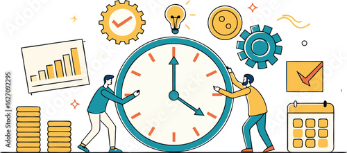 People adjusting large clock with gears and charts time