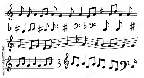 Musical notations vector illustration, rhythmic patterns and symbols for musical education and creative music composing design.