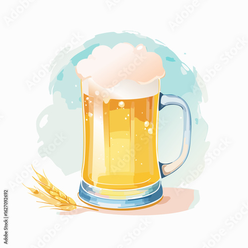 青空の下のジョッキに入った泡がもこもこのビール　水彩画風	