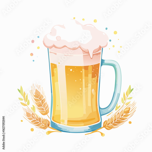 ジョッキに入った泡がもこもこのビール　水彩画風