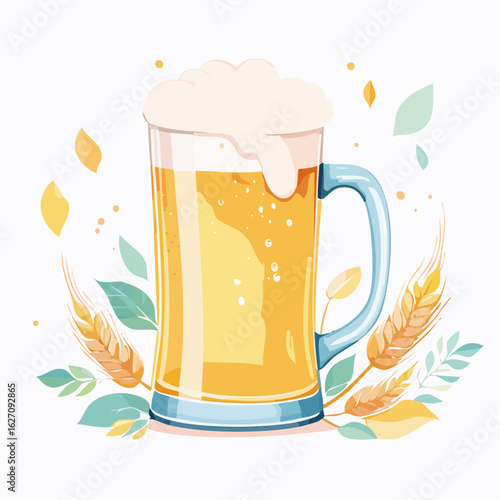 ジョッキに入った泡がもこもこのビール　水彩画風