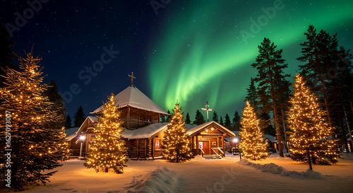 Premium Finland - March 5,   2026: Santa Claus Office in Santa Village with Christmas trees illuminated at night, Lapland, Finland, on Arctic Circle in winter.