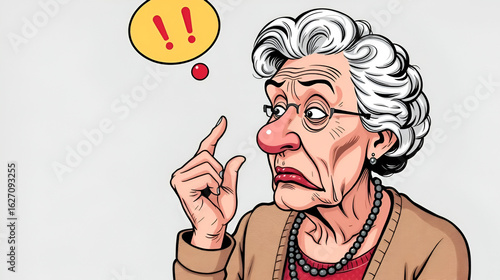 Dishonest Grandma Telling Lies Growing Big Nose Vector Illustration. Liar granny touching her growing nose