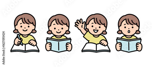 学習をする色々な表情の女の子のイラスト素材