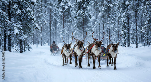 Winter Reindeer sled racing in Ruka in Lapland, in Finland