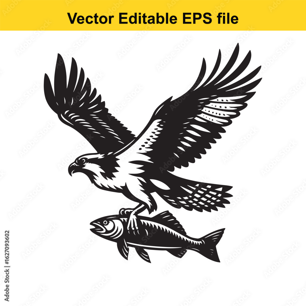 Fototapeta premium Vector art of eagle catching a fish isolated on white background long horn, , long horn