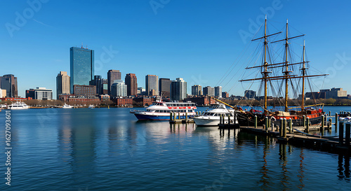 Ships and boats moored at the pier near the center of Boston in the United States. The city is surrounded by water and people often use water transport to avoid traffic jams in on the streets.