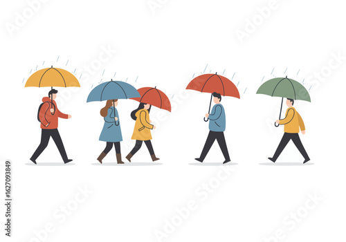 Illustration Vector of People Walking Under Rain with Umbrellas Cartoon Style Modern Design
