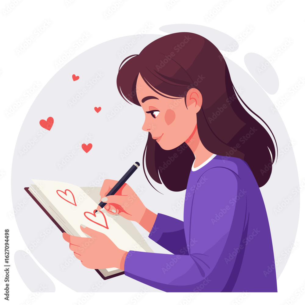 Young girl drawing hearts in notebook with joy and creativity Young girl drawing hearts in notebook with joy and creativity
