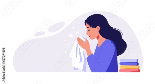 Young woman smelling clean laundry while holding shirt with detergent  