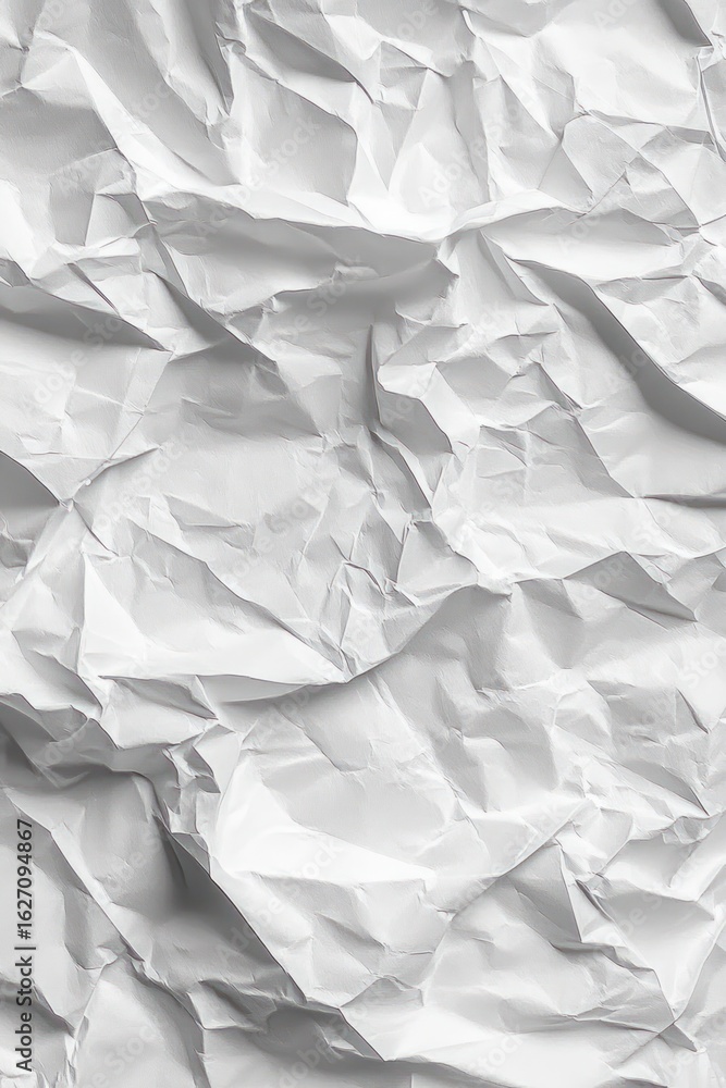 Fototapeta premium close-up view of a crumpled white paper showing intricate folds, creases, and shadows creating textured abstract pattern