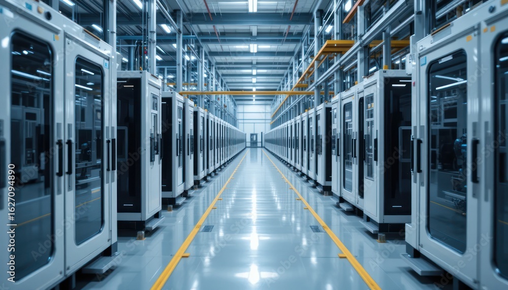 Fototapeta premium Industrial Facility: Rows of Modern Machinery in a Clean Production Plant
