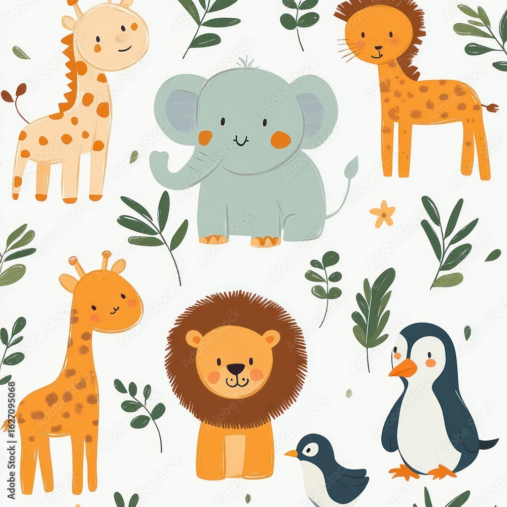 Naklejka premium Cute and colorful cartoon baby animals including giraffes, elephant, lions, and penguins surrounded by green leafy plants conveying a playful and cheerful mood
