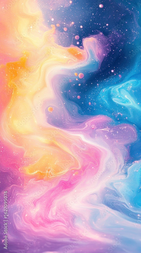 Obraz premium Abstract swirling cosmic scene with vibrant yellow, pink, purple, and blue colors mixed with small glowing particles creating a dreamy and ethereal atmosphere