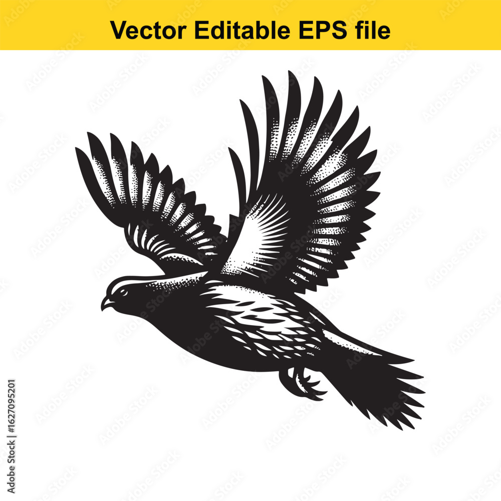 Fototapeta premium Vector art of black and white illustration of a flying dove isolated on white background long horn, , long horn