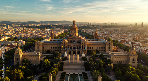 National Palace on Montjuic hill in Barcelona in Spain. Now it serves as the National Art Museum of Catalonia. It is placed at the foot of Montjuic mountain