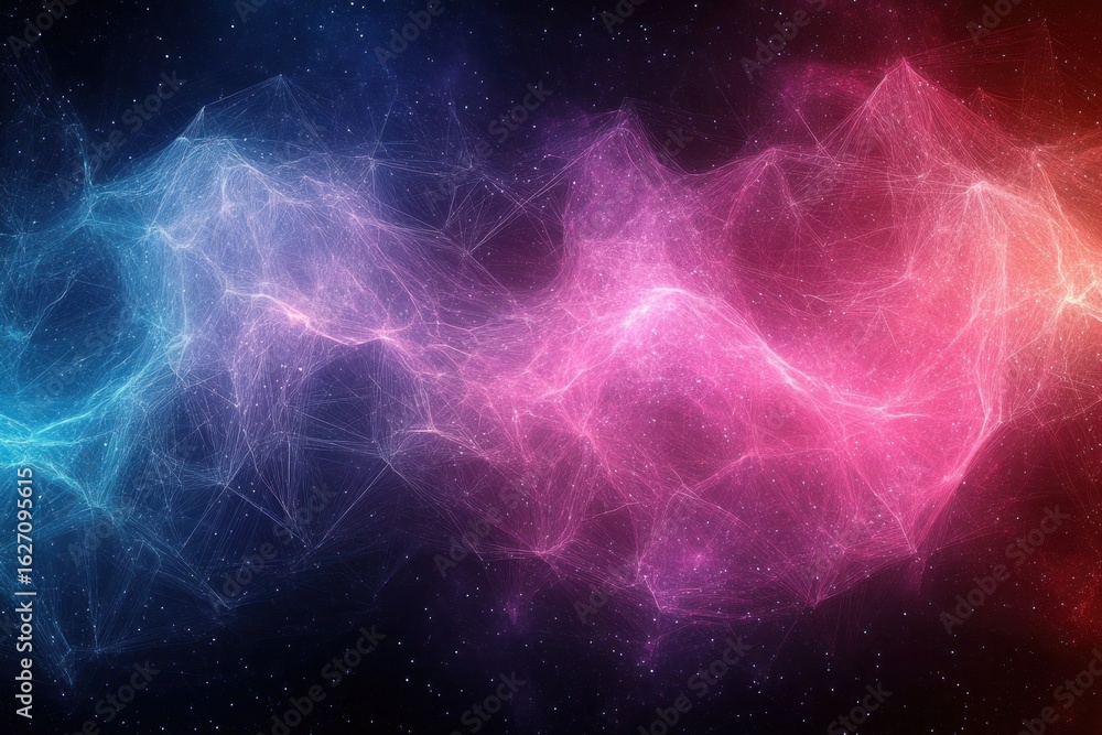 Fototapeta premium Colorful cosmic network of glowing blue, purple, pink, and red interconnected particles and lines against a starry deep space background evoking a sense of vastness and mystery