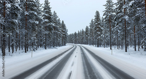 Winter road with snow in Finland. Landscape of Lapland in Europe. Forest along highway during ride. Snowy trip. Cold driveway. Driving in Finnish motorway on north Rovaniemi village. View with tree