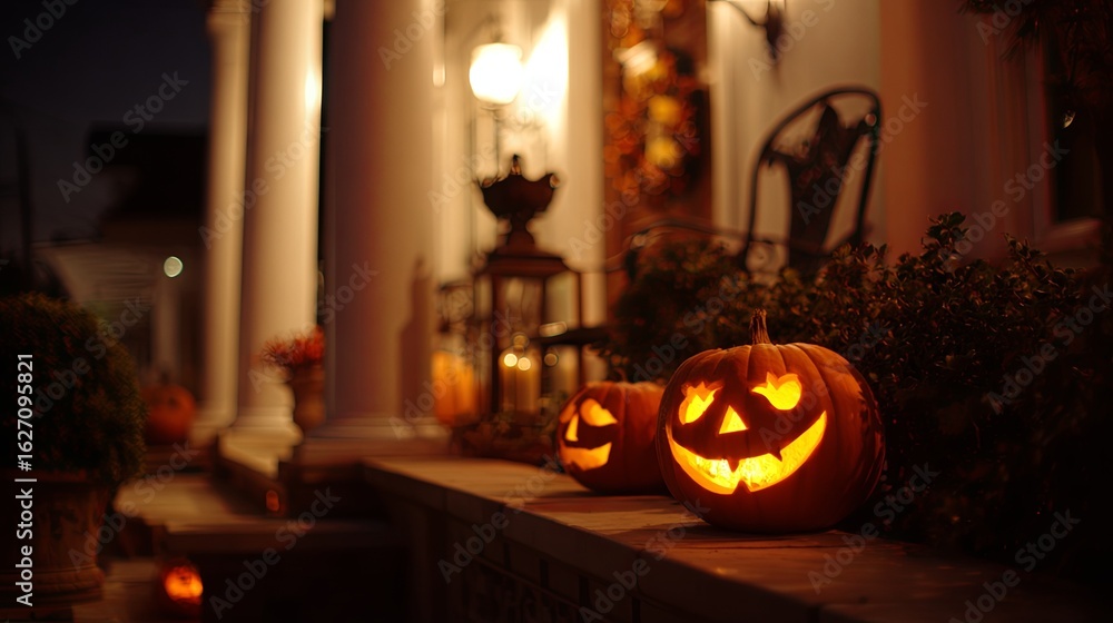 Fototapeta premium Glowing Jack-o-Lanterns on Porch at Night