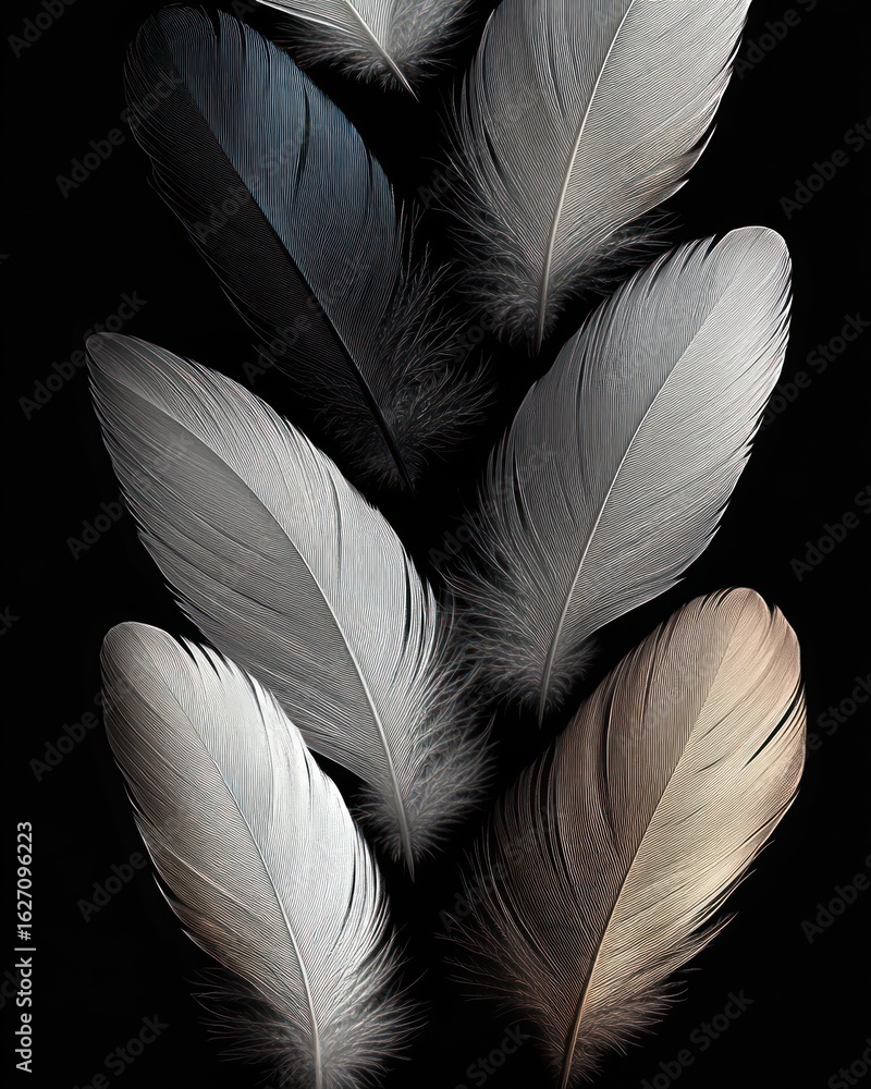 Obraz premium Close-up of various soft feathers in shades of white, gray, black, and light brown arranged on a black background evoking calm and delicate natural beauty