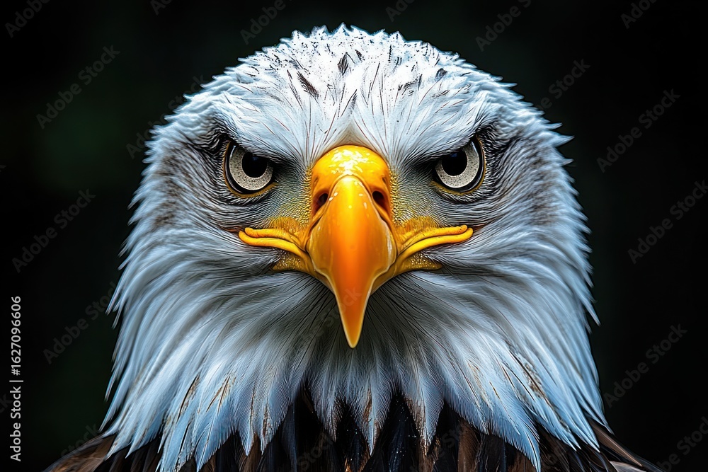 Obraz premium Close-up portrait of a fierce bald eagle with piercing eyes and detailed white feathers against a dark background, evoking strength and intensity