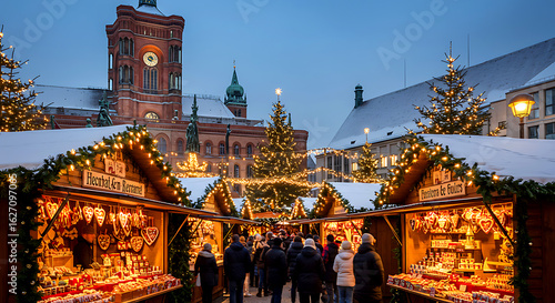 Elegant cookies at Christmas Market at Town Hall in Winter Berlin, Germany. Advent Fair Decoration and Stalls with Crafts Items on the Bazaar.