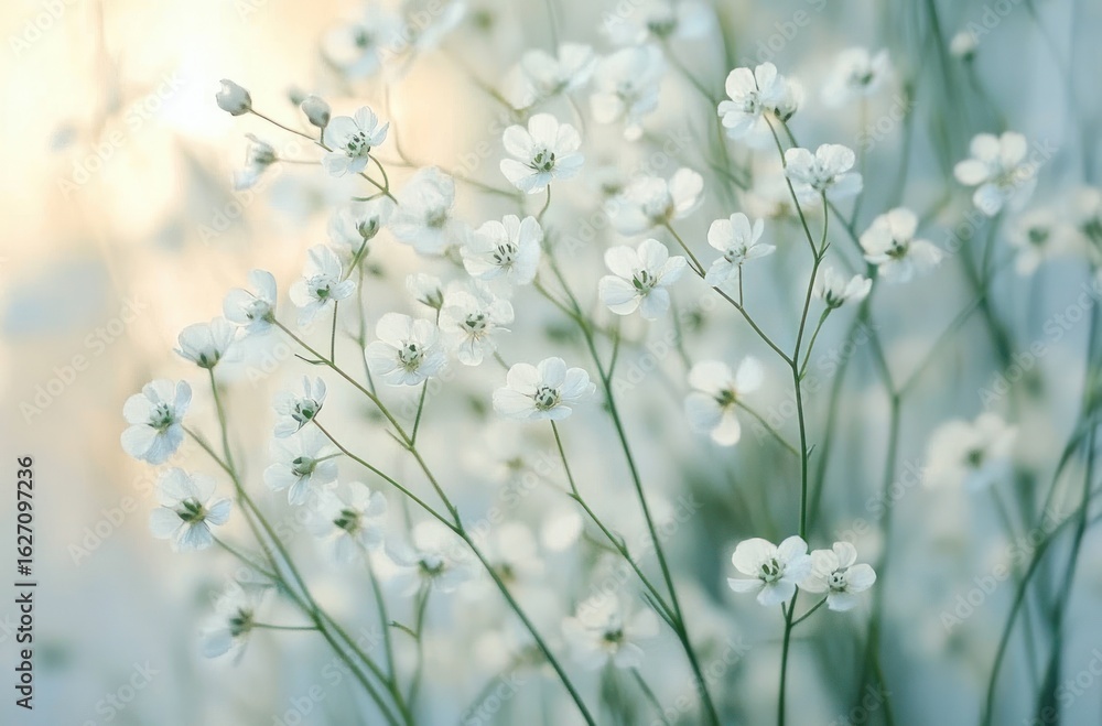 Delicate clusters of small white flowers with thin green stems gently illuminated by soft natural light creating a serene and peaceful atmosphere Delicate clusters of small white flowers with thin green stems gently illuminated by soft natural light creating a serene and peaceful atmosphere