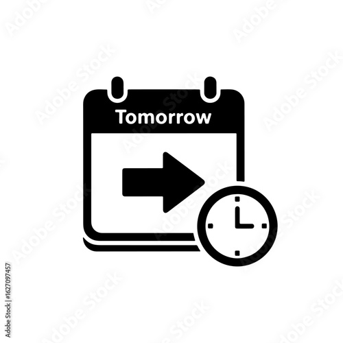 Black and white vector illustration of a calendar displaying “Tomorrow” with an arrow pointing forward and a clock symbol, representing upcoming events, deadlines, appointments, or future planning.