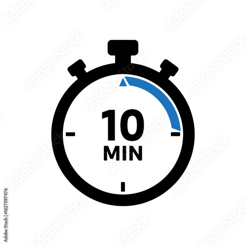 Minimalist vector illustration of a stopwatch with “10 MIN” text and a highlighted blue segment, representing a ten-minute countdown or timer. Ideal for use in apps, websites, infographics, workout pl