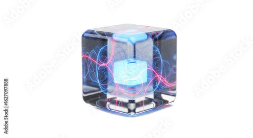 Glowing Blue Geometric Core Encased in Clear Futuristic Cube with Red Streaks on a White Surface Showing Abstract Digital Technology Concept