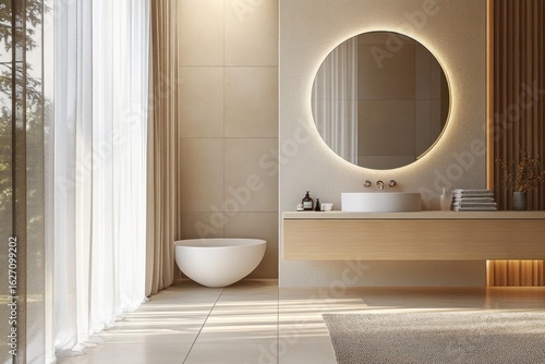 Bright modern bathroom with large round illuminated mirror, freestanding white bathtub, floating wooden vanity, soft natural light through sheer curtains, and minimalist decor