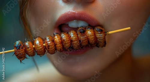 Close-up of a person biting into a skewer of grilled large edible larvae with a shiny glazed surface