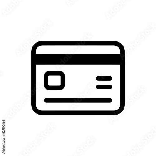 Minimalist black line art illustration of a credit card with chip and magnetic stripe, concept for online payments, financial transactions, and e-commerce integration