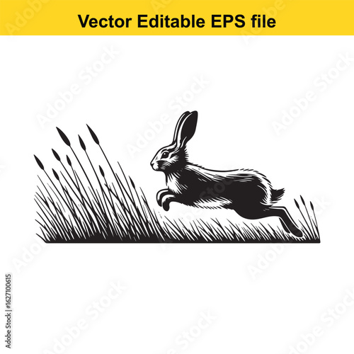 Vector art of black rabbit running through grass isolated on white background long horn, , long horn