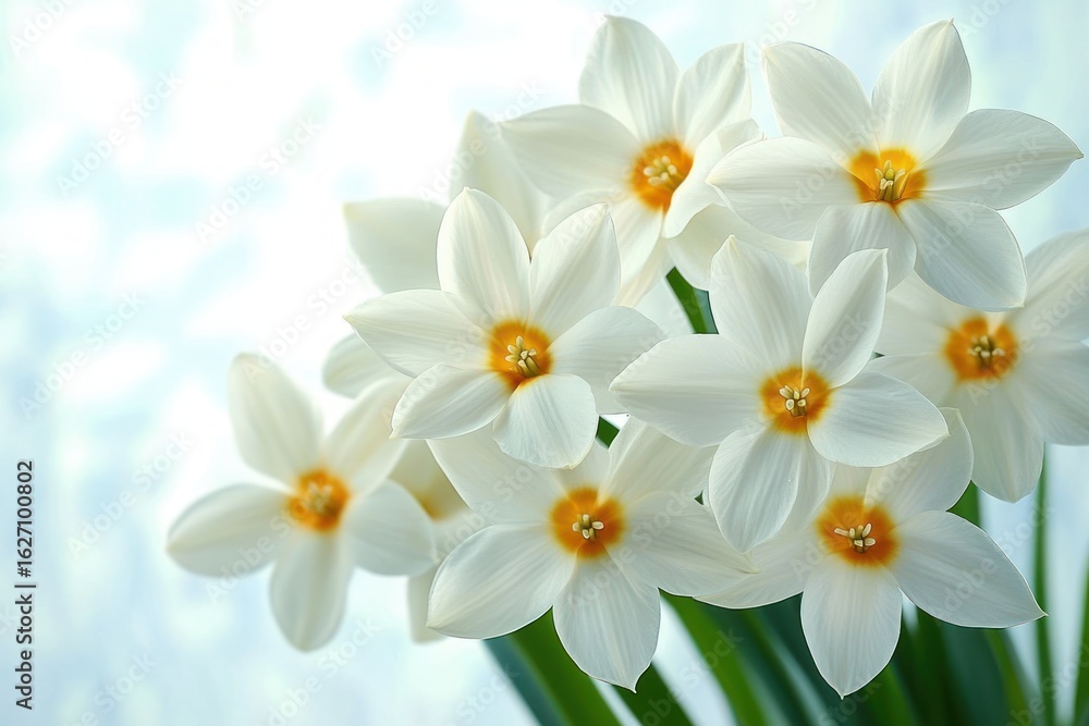 Fototapeta premium Close-up of delicate white flowers with five petals and bright yellow centers against a soft blurred background, evoking purity and freshness