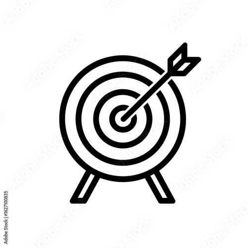 Black and white graphic of a bullseye target with an arrow in the center. Concept for achieving goals, business strategy and precise aiming, financial success, and focused marketing campaigns