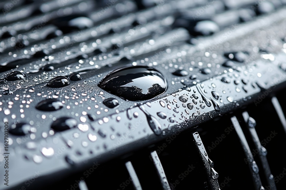 Close-up of reflective water droplets on a smooth dark surface with intricate details and light reflections, creating a calm and serene mood Close-up of reflective water droplets on a smooth dark surface with intricate details and light reflections, creating a calm and serene mood