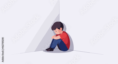 Boy sitting alone in a corner looking sad in a minimal style  